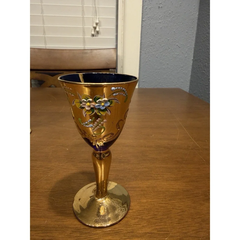 Lot Of 5 Vintage Handmade Murano Multi Color Gold Tre Fuochi Cordial Glasses